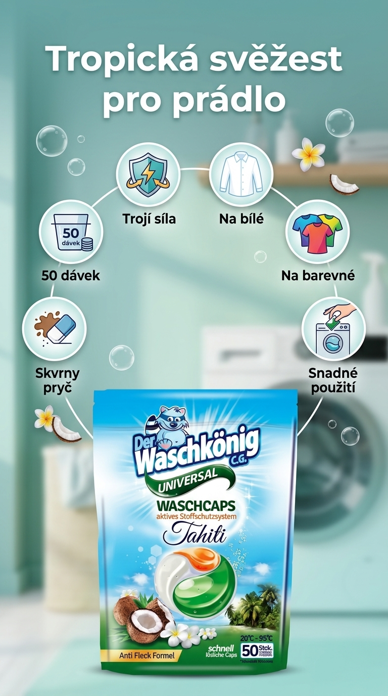 WaschKönig kapsle na praní TRIOCAPS Tahiti Universal 50 ks - mobilní infografika