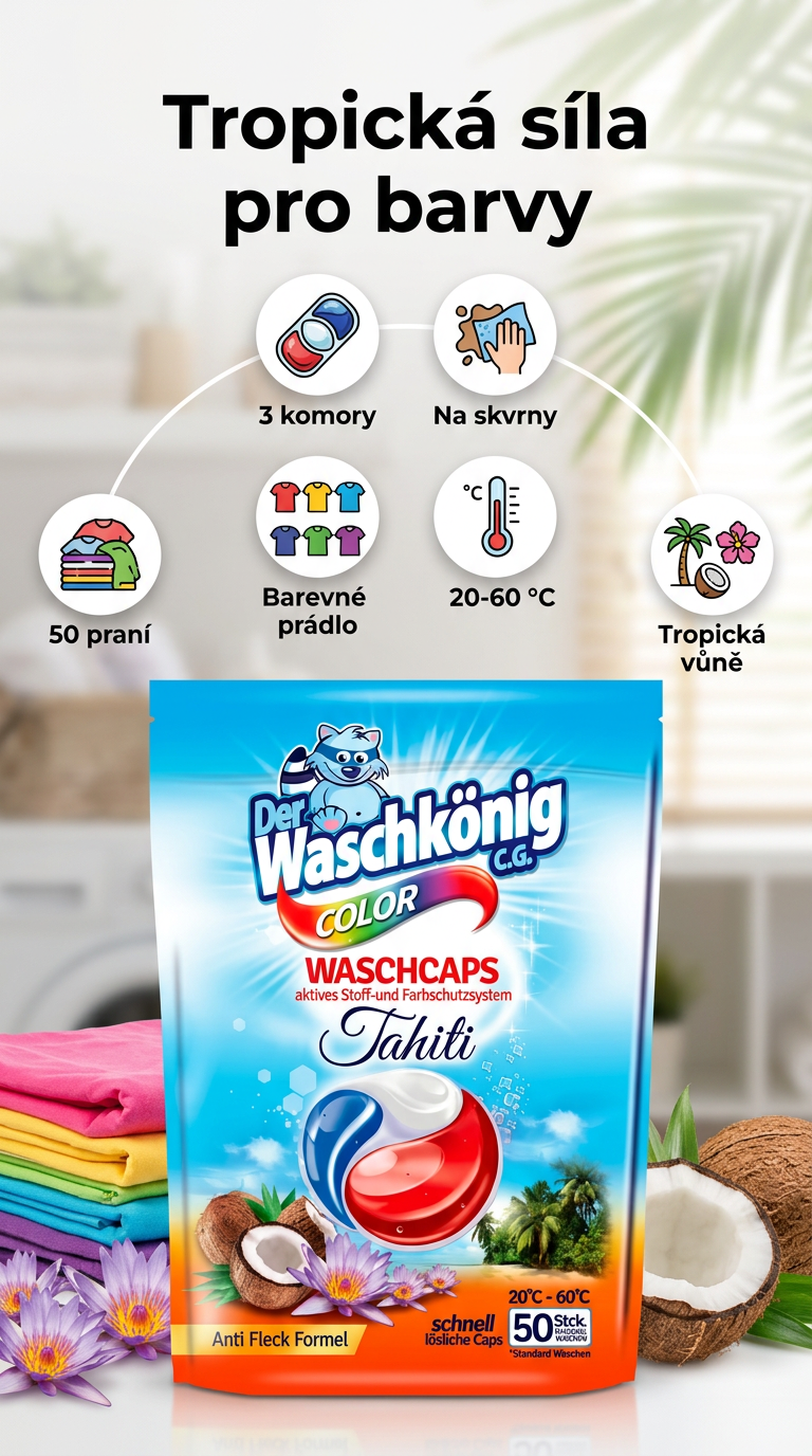 WaschKönig Tahiti Color kapsle na praní na barevné prádlo 50 ks - mobilní infografika