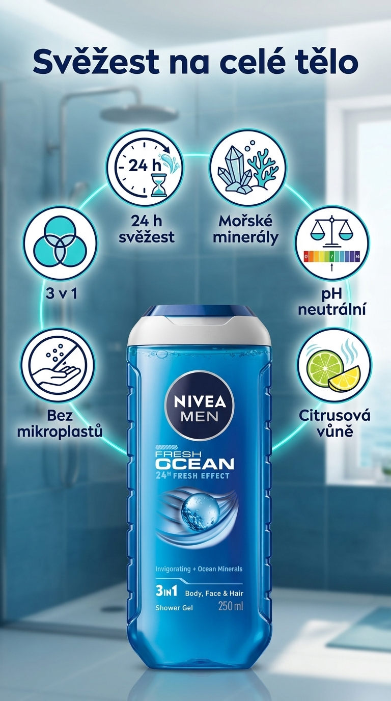 Nivea Men osvěžující sprchový gel Fresh Ocean 250 ml - mobilní infografika