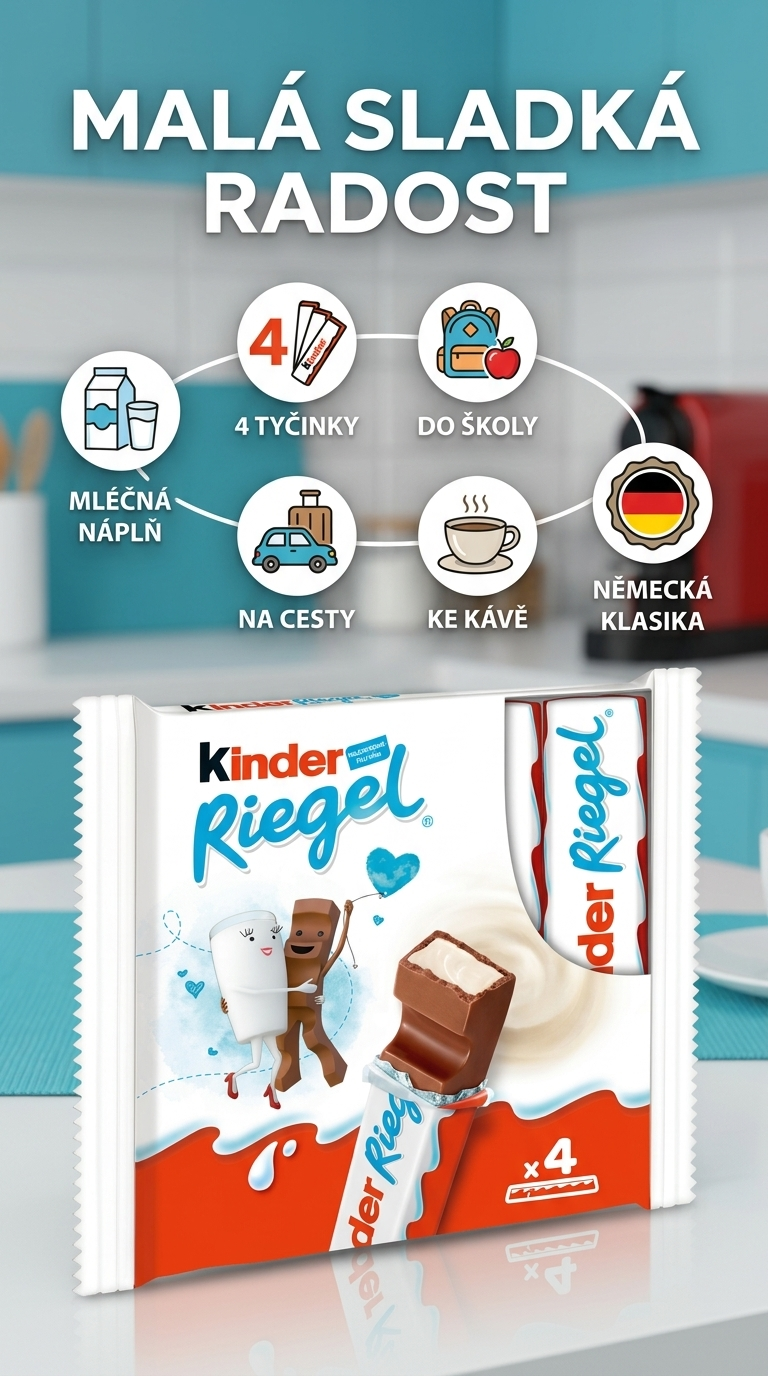 Kinder Riegel mléčné čokoládové tyčinky 4 ks, 86 g - mobilní infografika