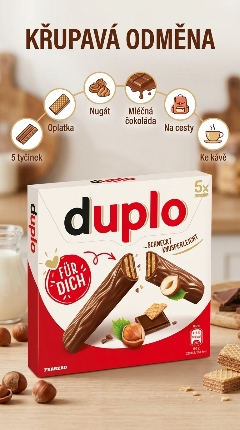 duplo čokoládové tyčinky s oplatkou a nugátovým krémem 5 ks, 91 g - mobilní infografika