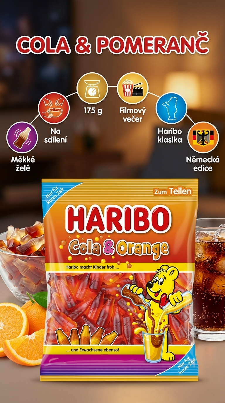 Haribo Cola & Orange želé lahvičky - mobilní infografika