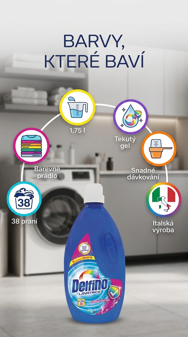 Delfino Capi Colorati prací gel na barevné prádlo 38 praní, 1,75 l - mobilní infografika