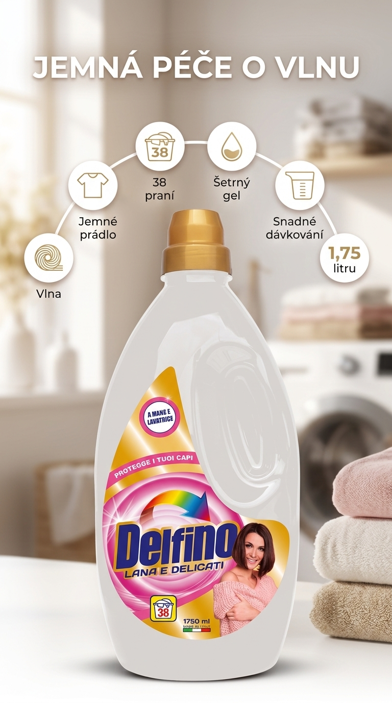 Delfino prací gel na vlnu a jemné prádlo 38 praní, 1,75 l - mobilní infografika
