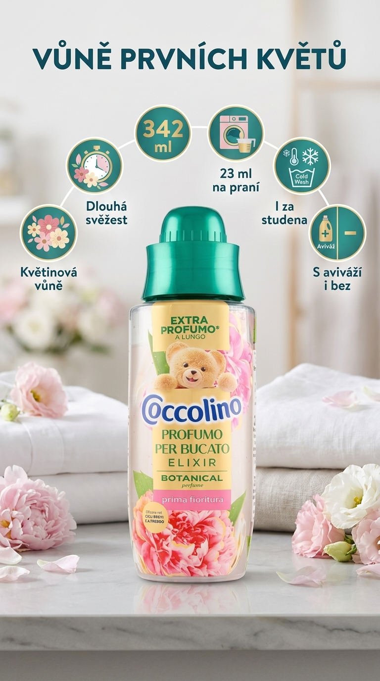 Coccolino Elixir Prima Fioritura parfém na prádlo 342 ml - mobilní infografika