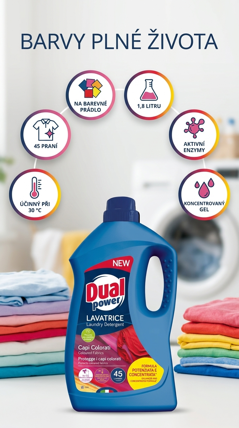Dual Power Colorati prací gel na barevné prádlo 45 praní, 1,8 l - mobilní infografika