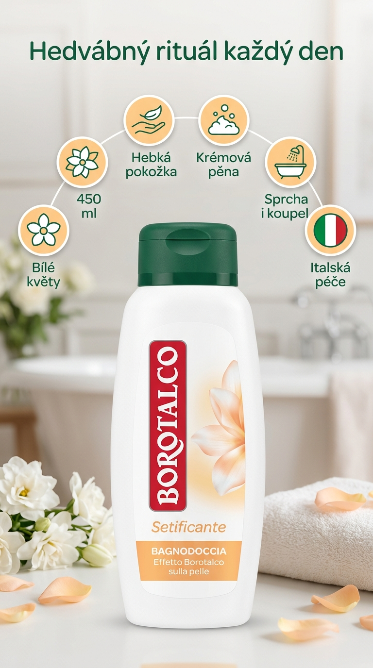 Borotalco zjemňující sprchový gel bílé květy 450 ml - mobilní infografika