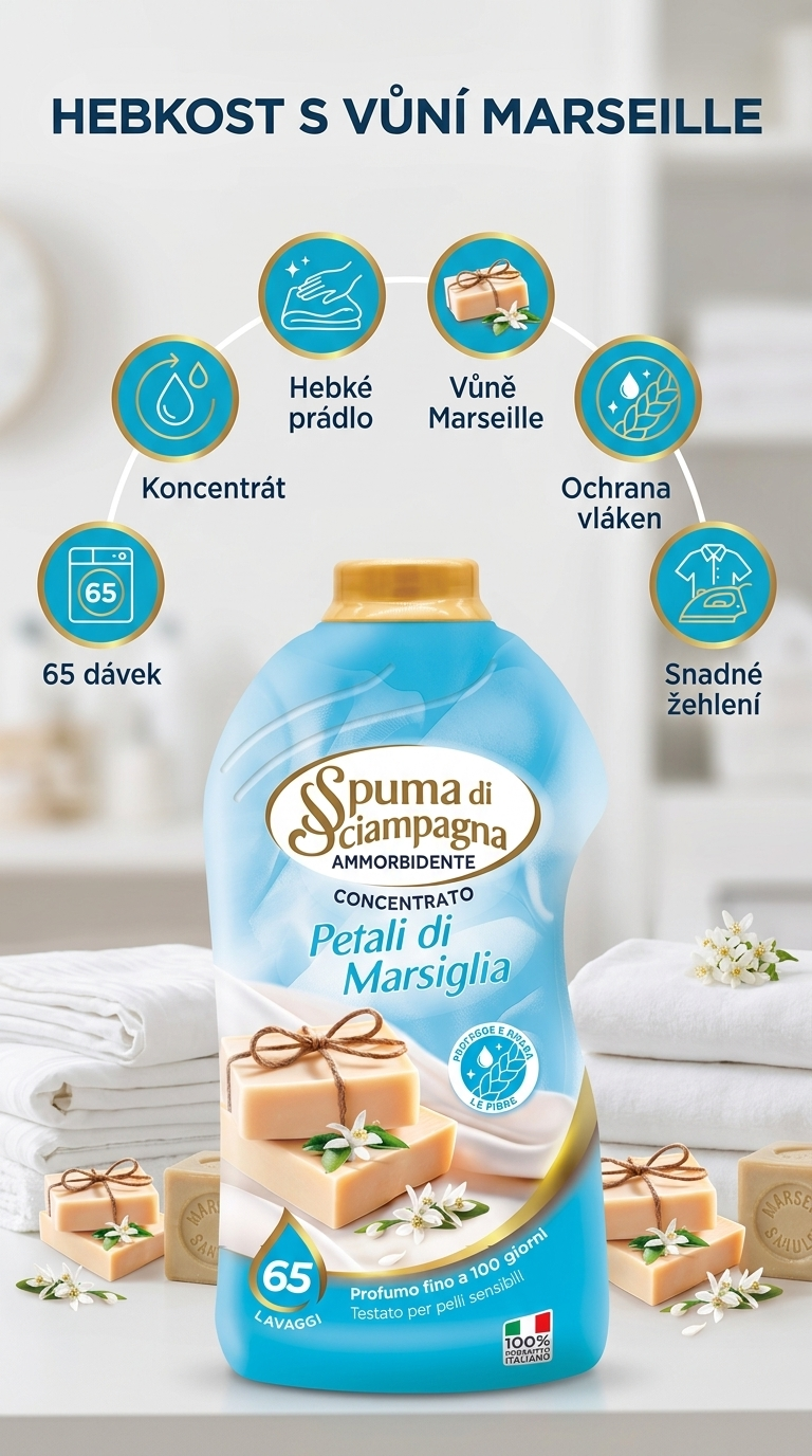 Spuma di Sciampagna koncentrovaná aviváž s vůní Marseille 65 dávek, 1,3 l - mobilní infografika