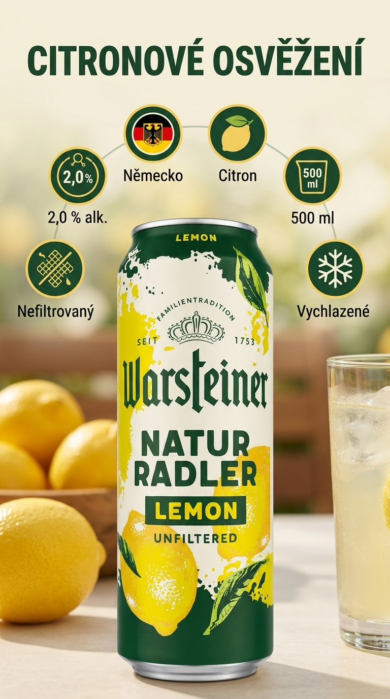 Warsteiner Lemon Radler citronový radler 2,0 %, 500 ml - mobilní infografika