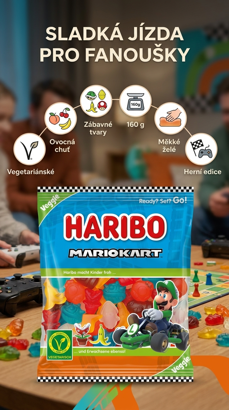 Haribo Mario Kart vegetariánské želé bonbony 160 g - mobilní infografika