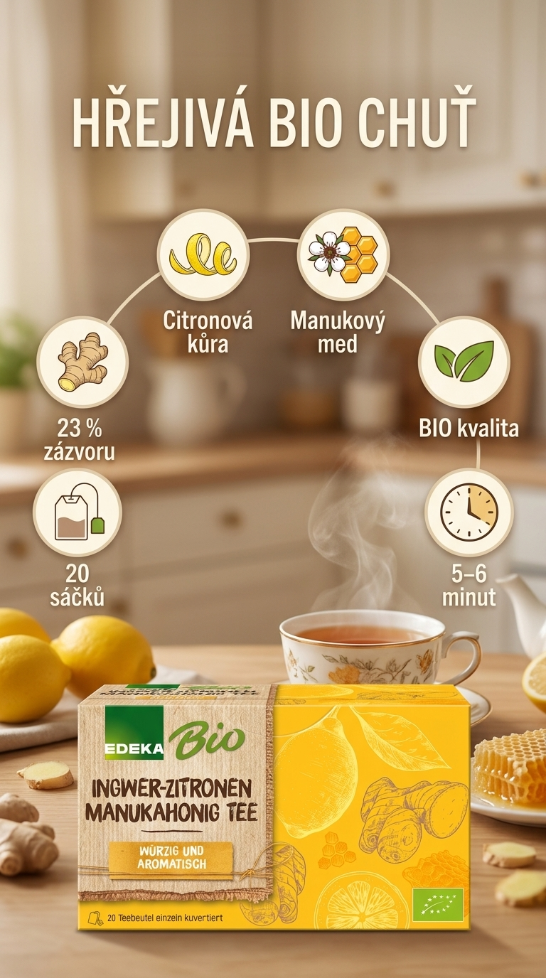 Edeka Bio zázvorovo-citronový čaj s manukovým medem, 20 sáčků, 40 g - mobilní infografika