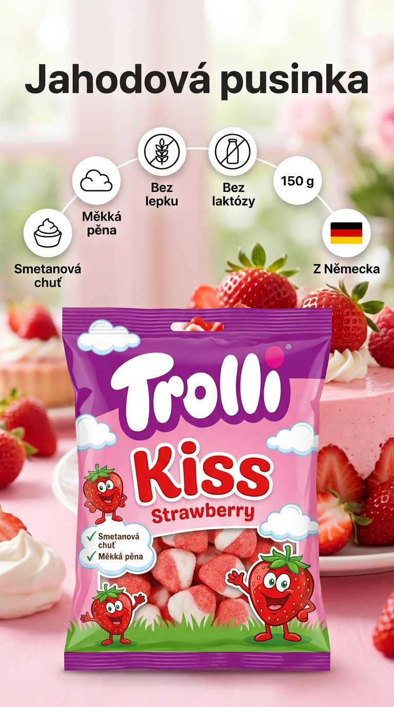 Trolli Strawberry Kiss jahodové pusinky 150 g - mobilní infografika