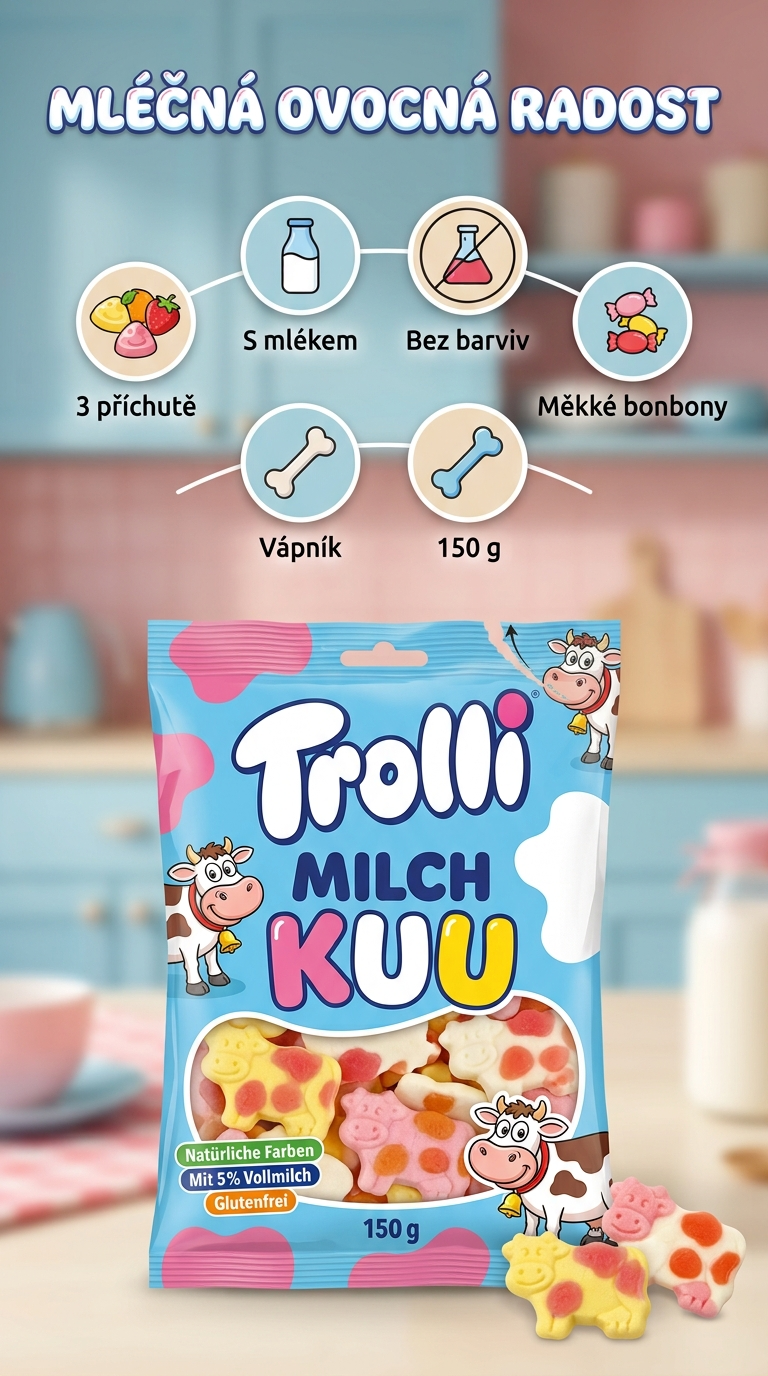 Trolli Milch Kuu mléčné kravičky 150 g - mobilní infografika