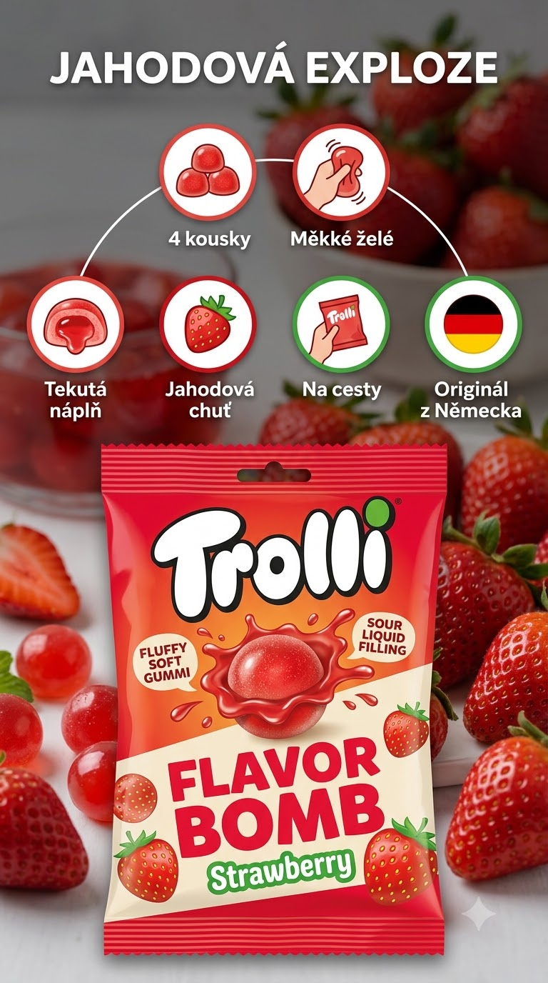 Trolli Flavor Bomb jahodové želé kuličky s tekutou náplní 4 ks, 75 g - mobilní infografika