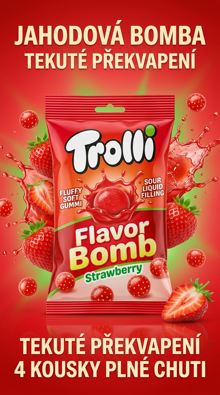 Trolli Flavor Bomb jahodové želé kuličky s tekutou náplní 4 ks, 75 g - lifestyle poster