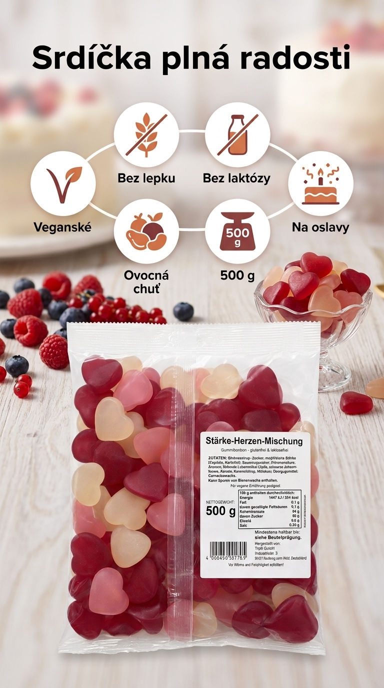 Trolli gumové bonbony barevná srdíčka 500 g - mobilní infografika