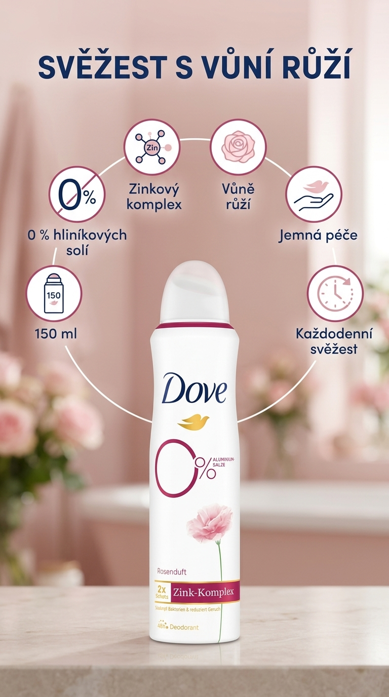 Dove deodorant ve spreji se zinkovým komplexem a vůní růží 150 ml – mobilní infografika