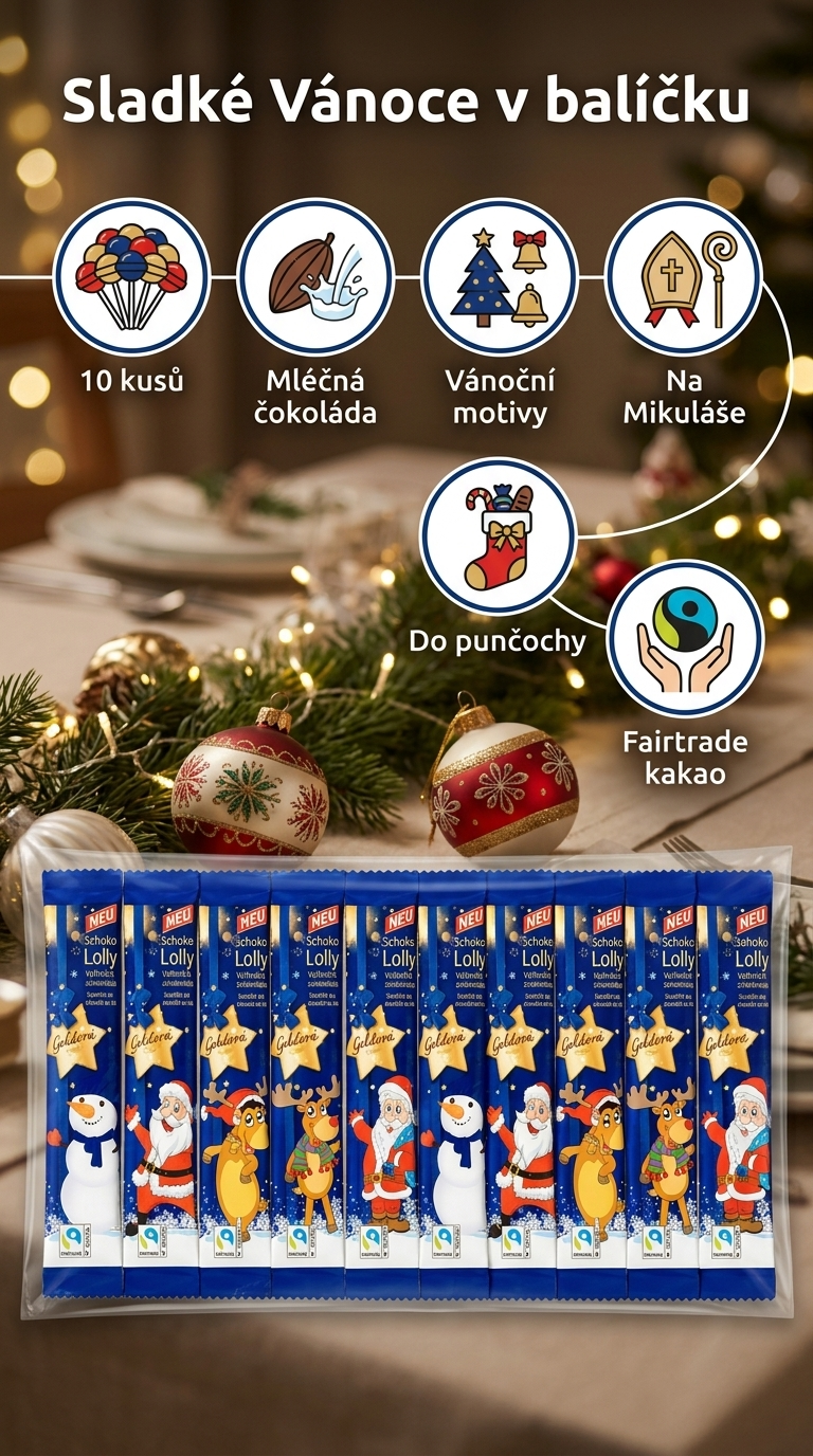Goldora vánoční lízátka z mléčné čokolády 10 ks, 150 g - mobilní infografika