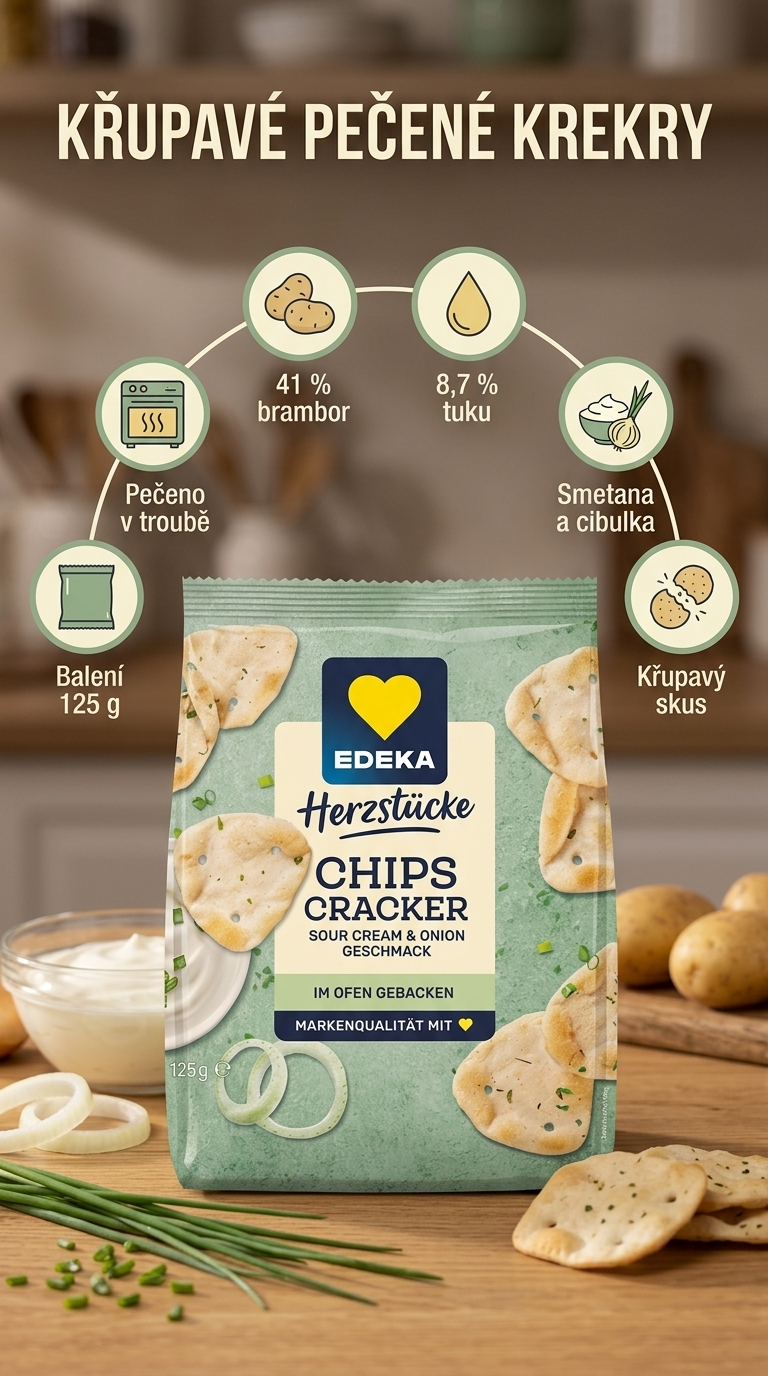 Edeka Herzstücke pečené chipsové krekry se zakysanou smetanou a cibulkou 125 g – mobilní infografika