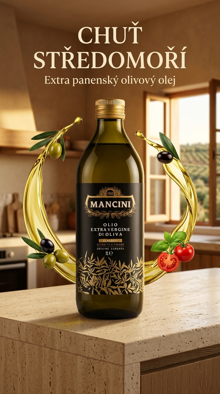 Mancini extra panenský olivový olej 1 l – středomořský lifestyle poster