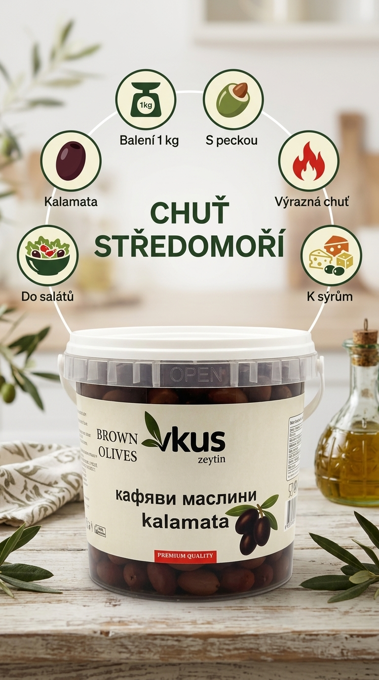 Vkus hnědé olivy Kalamata 1 kg – mobilní infografika