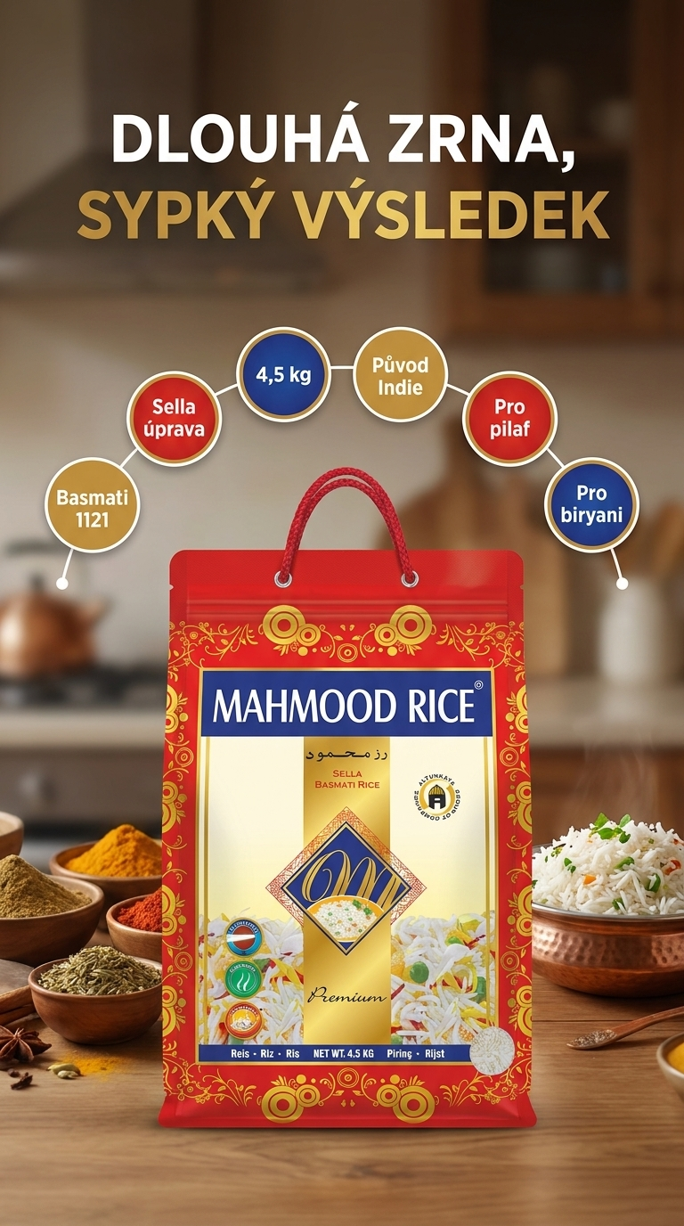Mahmood Sella Basmati rýže 4,5 kg – mobilní infografika
