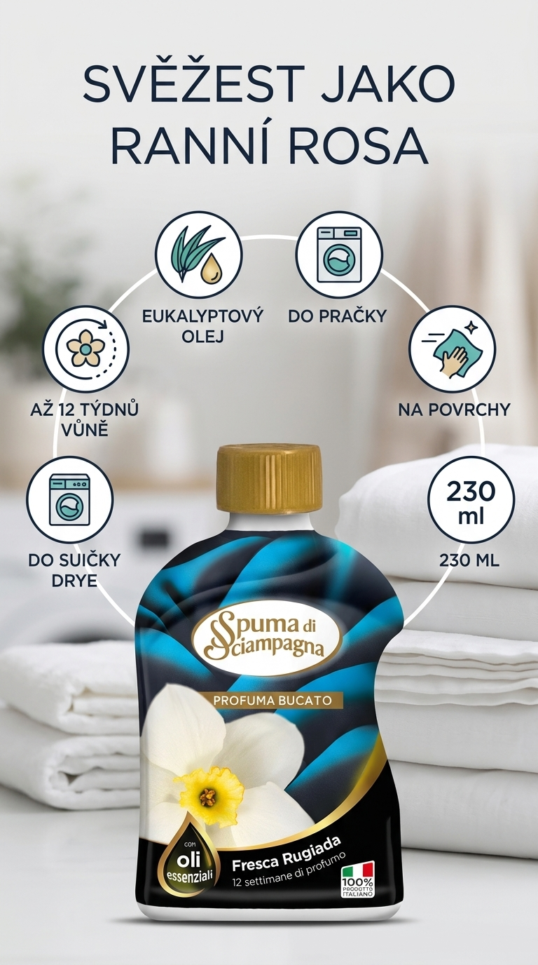 Spuma di Sciampagna Fresca Rugiada parfém na prádlo 230 ml – mobilní infografika