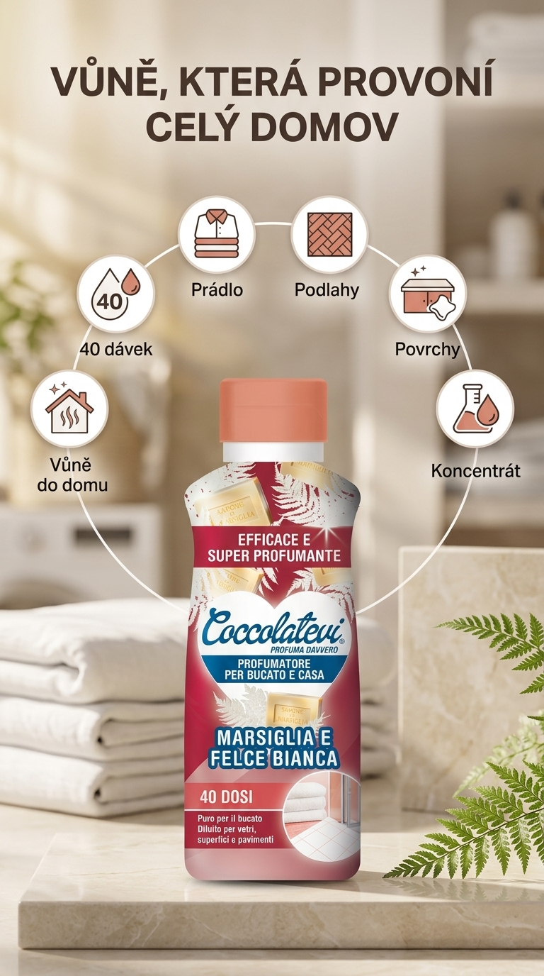 Coccolatevi parfém na prádlo a do domácnosti s vůní marseillského mýdla a bílé kapradiny 250 ml - mobilní infografika