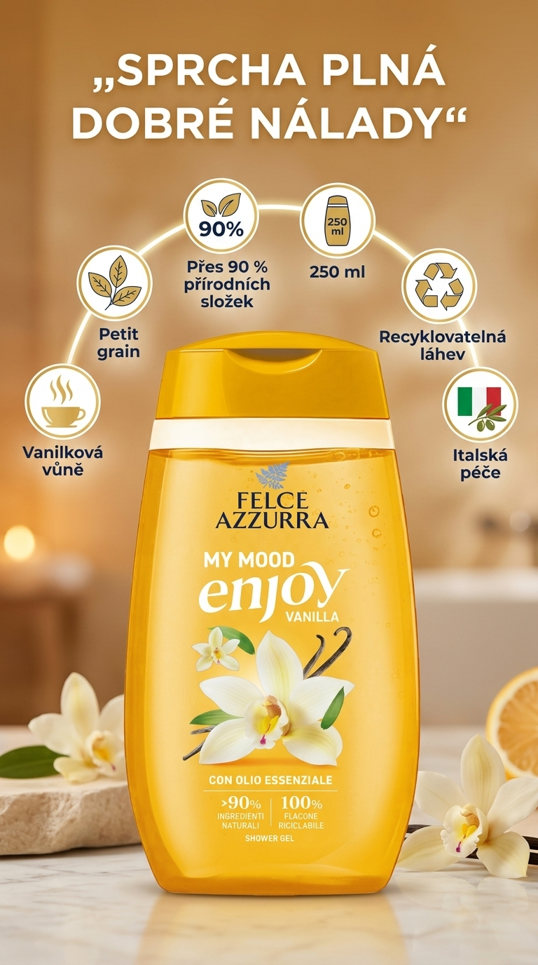 Felce Azzurra My Mood Enjoy Vanilla sprchový gel 250 ml - mobilní infografika
