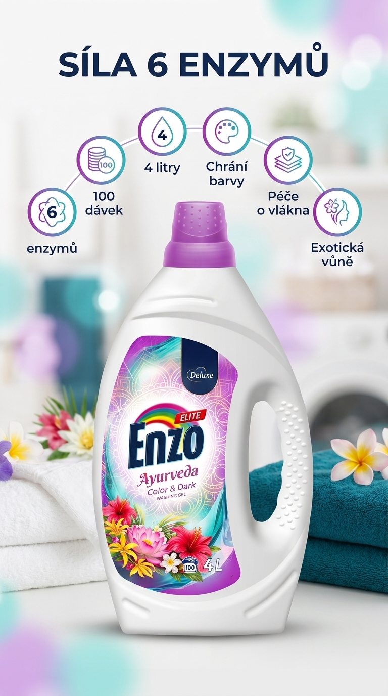 Enzo Deluxe Elite 6v1 Ayurveda prací gel na barevné a tmavé prádlo 4 l, 100 dávek - mobilní infografika