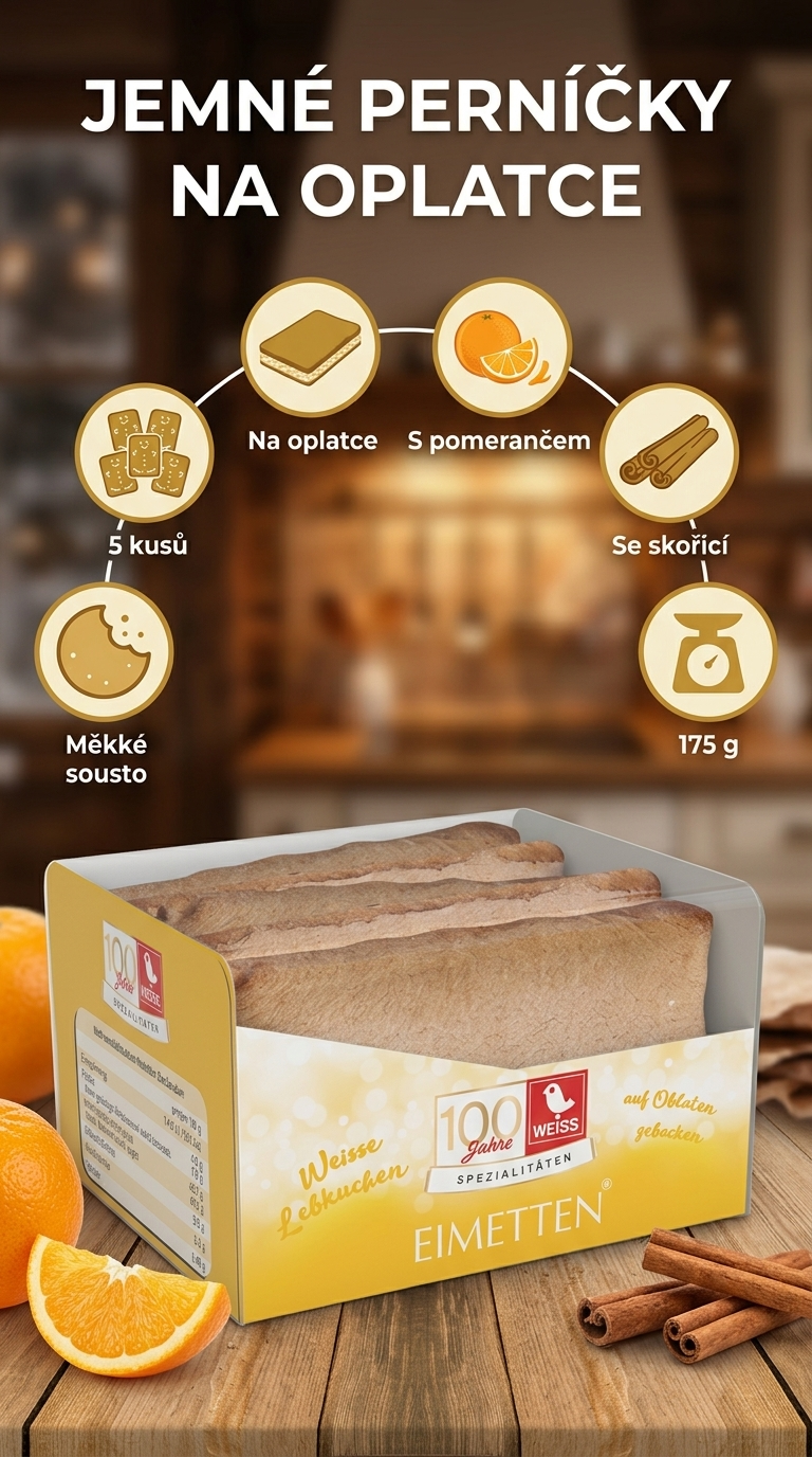 Weiss bílé perníčky na oplatce s kandovaným pomerančem 175 g - mobilní infografika