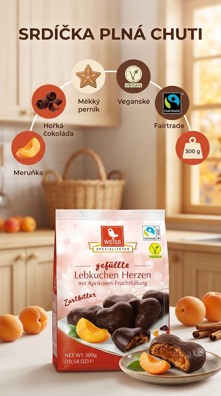 Weiss plněná perníková srdíčka s meruňkovou náplní a hořkou čokoládou 300 g - mobilní infografika
