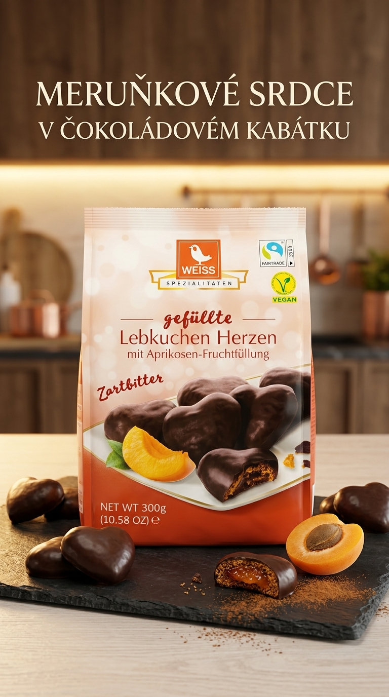 Weiss plněná perníková srdíčka s meruňkovou náplní a hořkou čokoládou 300 g - lifestyle poster