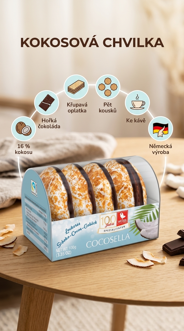 Weiss Cocosella kokosové pečivo na oplatce s hořkou čokoládou 100 g – mobilní infografika