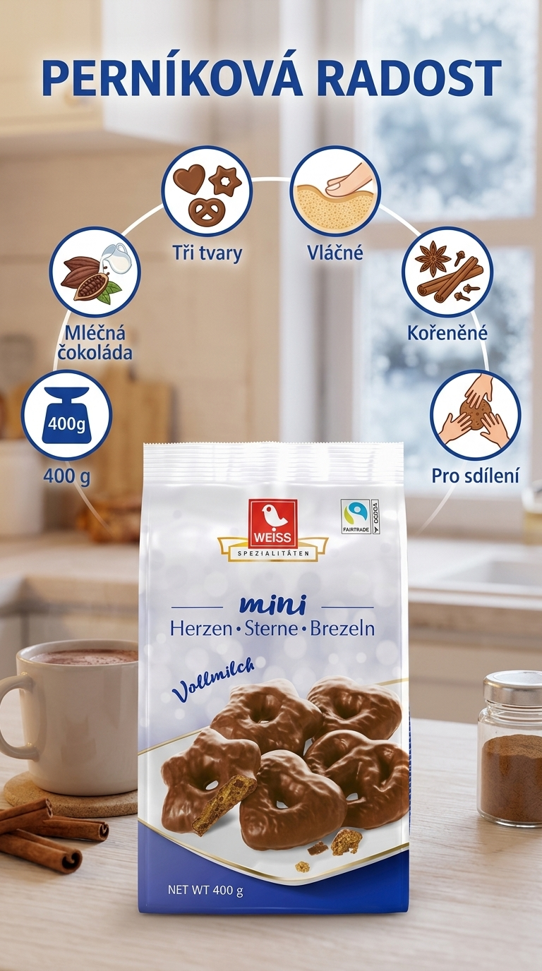 Weiss mini perníčky srdíčka, hvězdičky a preclíky v mléčné čokoládě 400 g - mobilní infografika