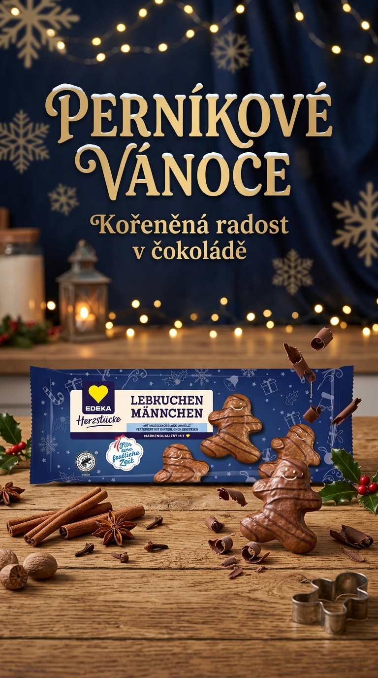 Edeka Herzstücke perníkoví panáčci v mléčné čokoládě s hořkým dekorem 200 g - vánoční lifestyle poster