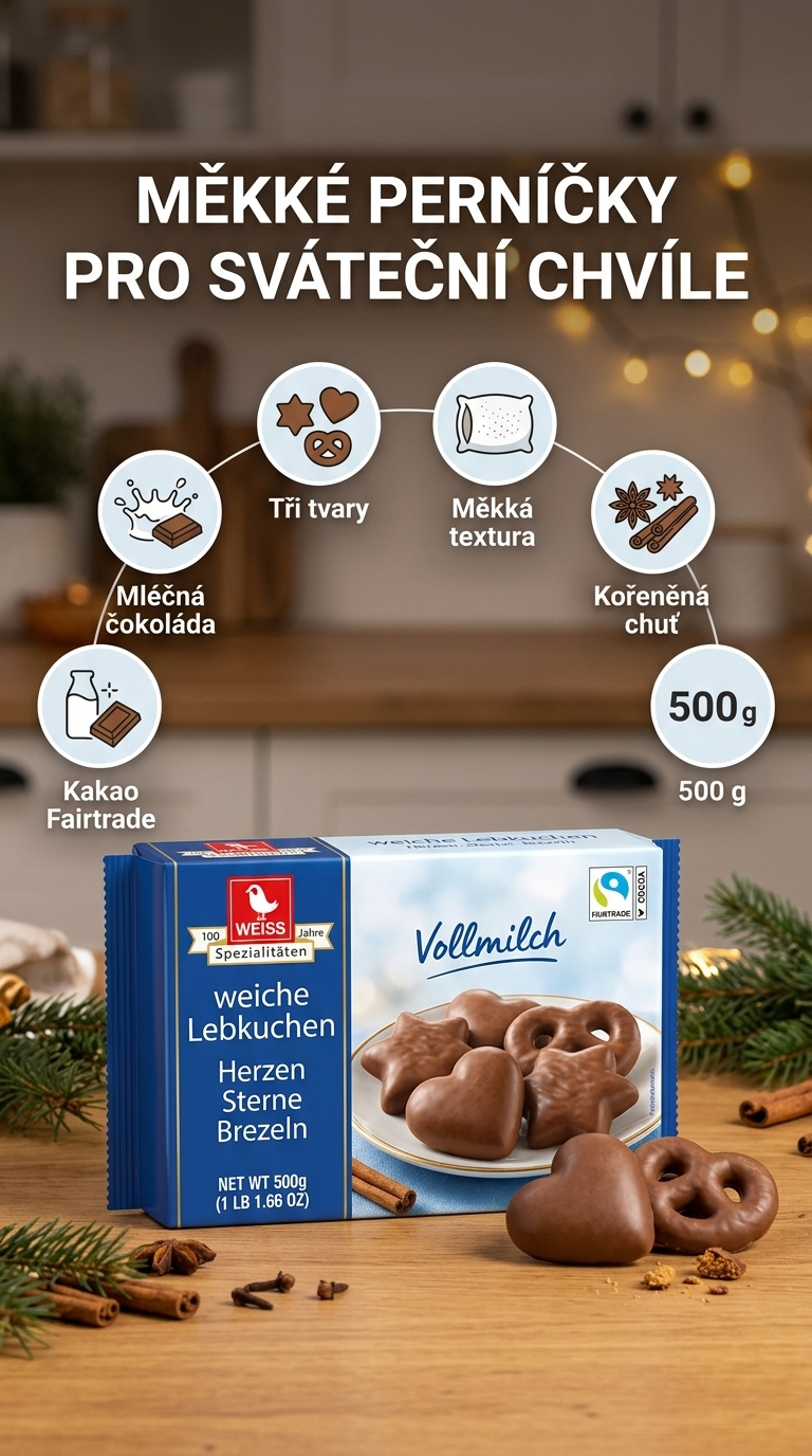 Weiss měkké perníčky srdíčka, hvězdičky a preclíky v mléčné čokoládě 500 g - mobilní infografika