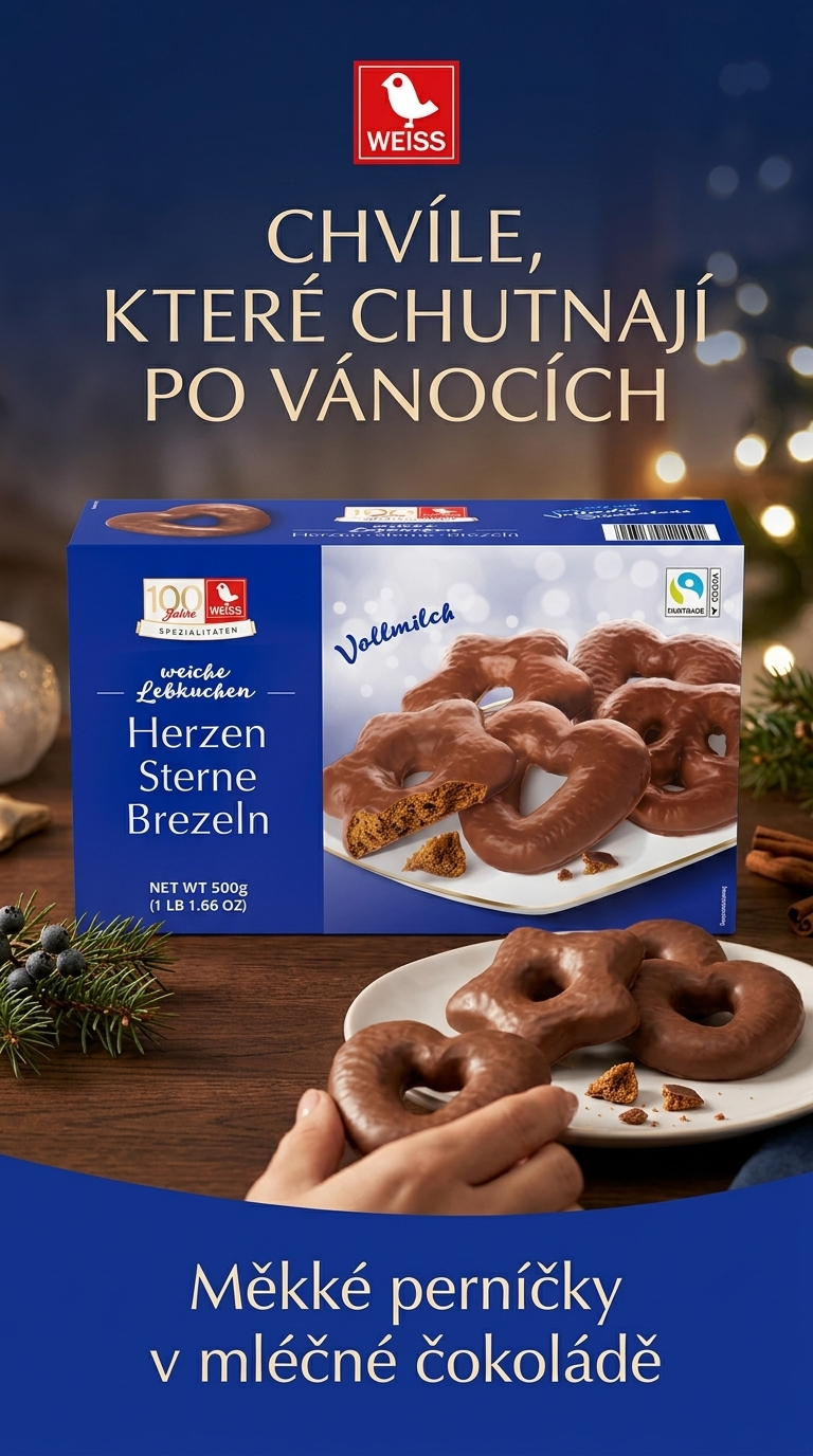 Weiss měkké perníčky srdíčka, hvězdičky a preclíky v mléčné čokoládě 500 g - sváteční lifestyle poster