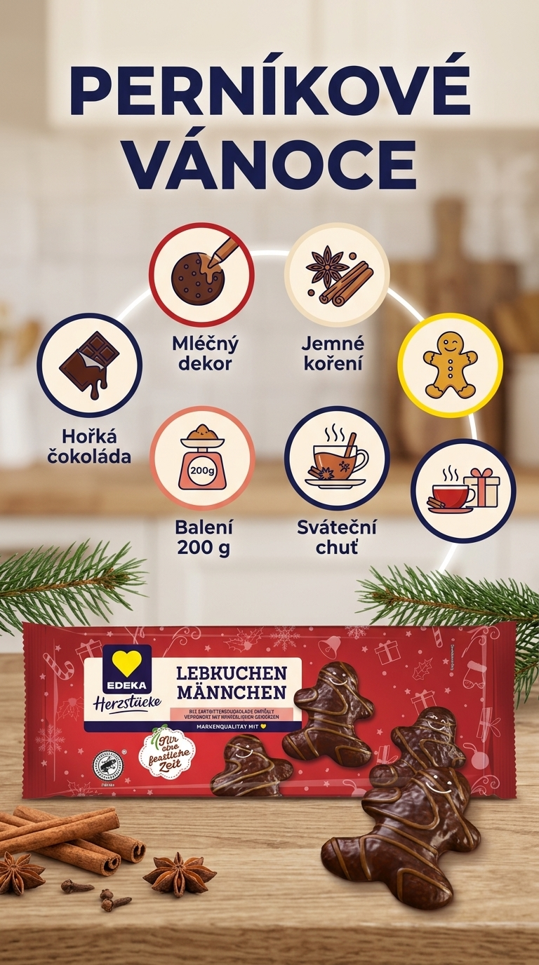 Edeka Herzstücke perníkoví panáčci v hořké čokoládě s mléčným dekorem 200 g - mobilní infografika