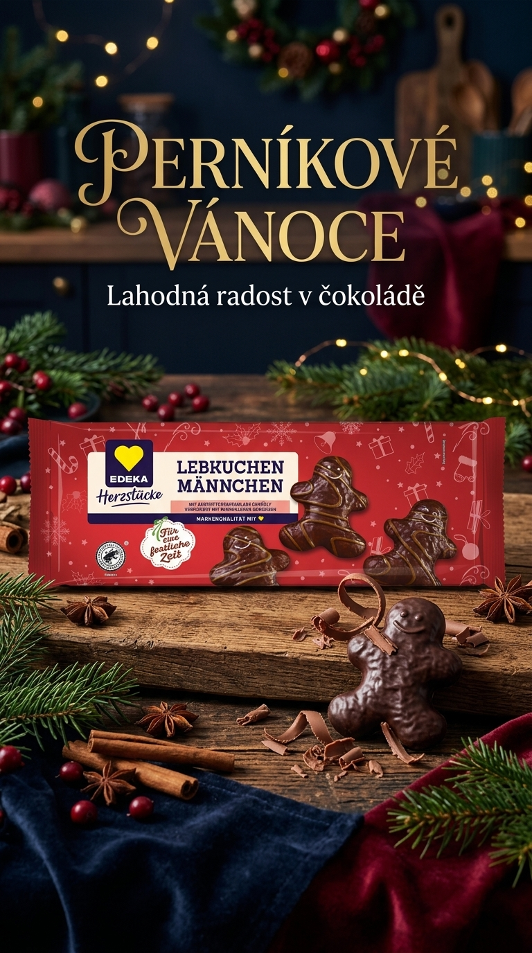 Edeka Herzstücke perníkoví panáčci v hořké čokoládě s mléčným dekorem 200 g - vánoční lifestyle poster