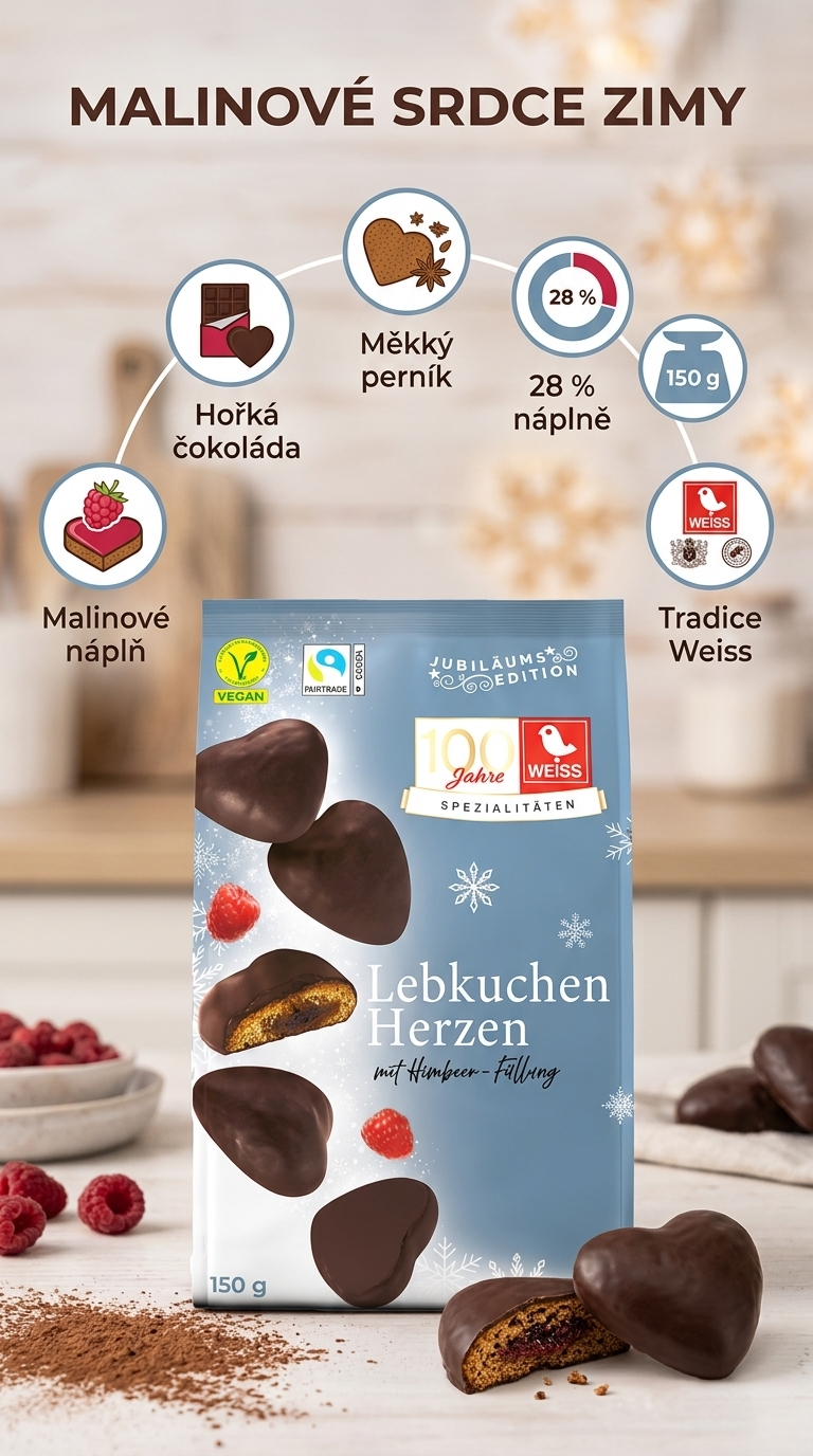 Weiss plněná perníková srdíčka s malinovou náplní a hořkou čokoládou 150 g - mobilní infografika