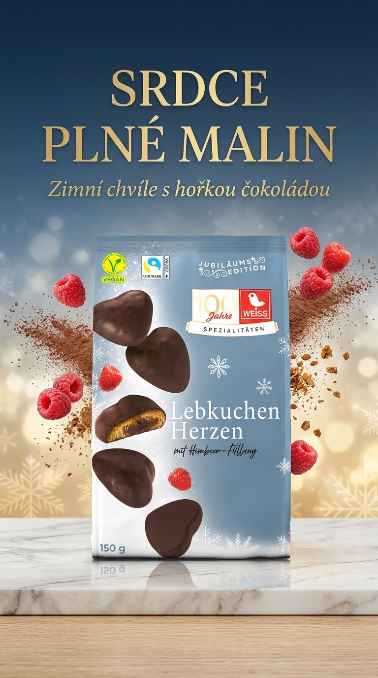 Weiss plněná perníková srdíčka s malinovou náplní a hořkou čokoládou 150 g - lifestyle poster