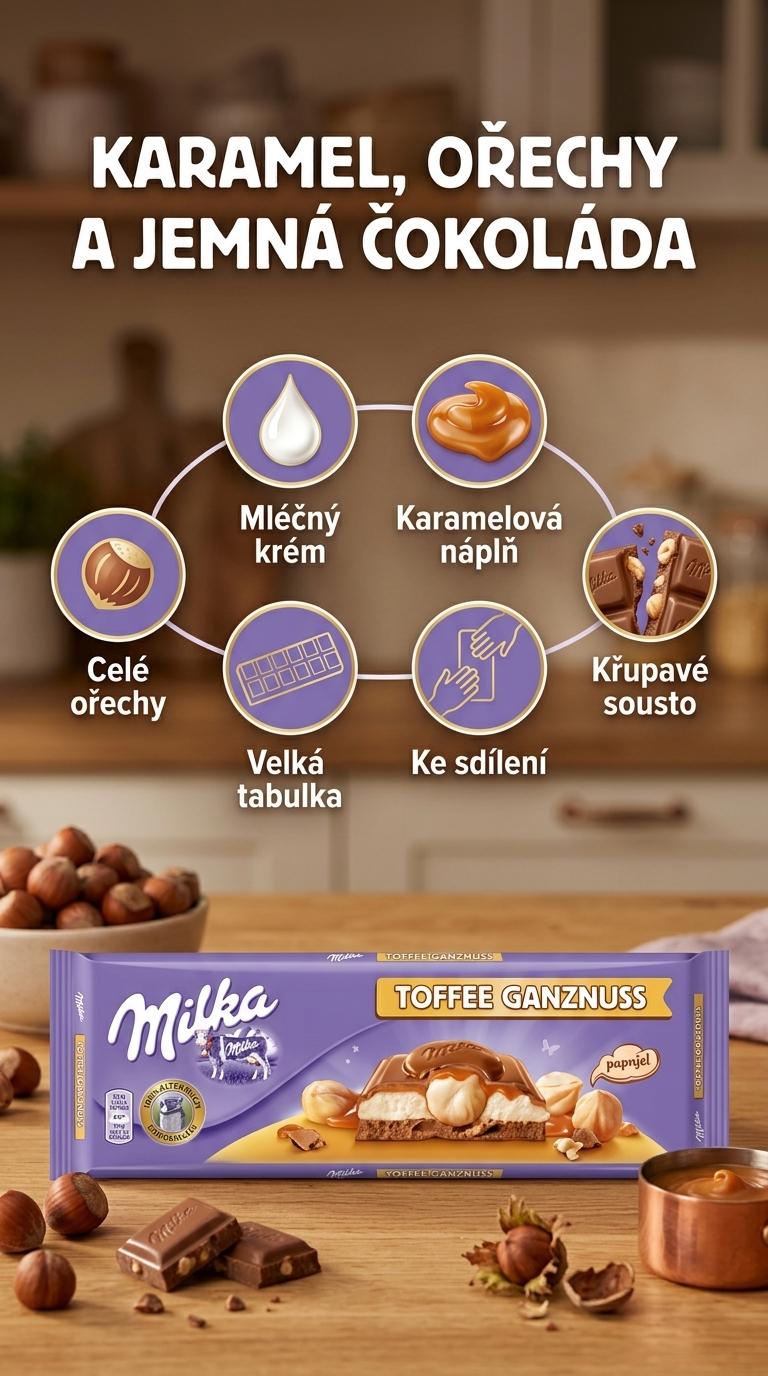 Milka MMMAX čokoláda s karamelem a celými lískovými ořechy – mobilní infografika