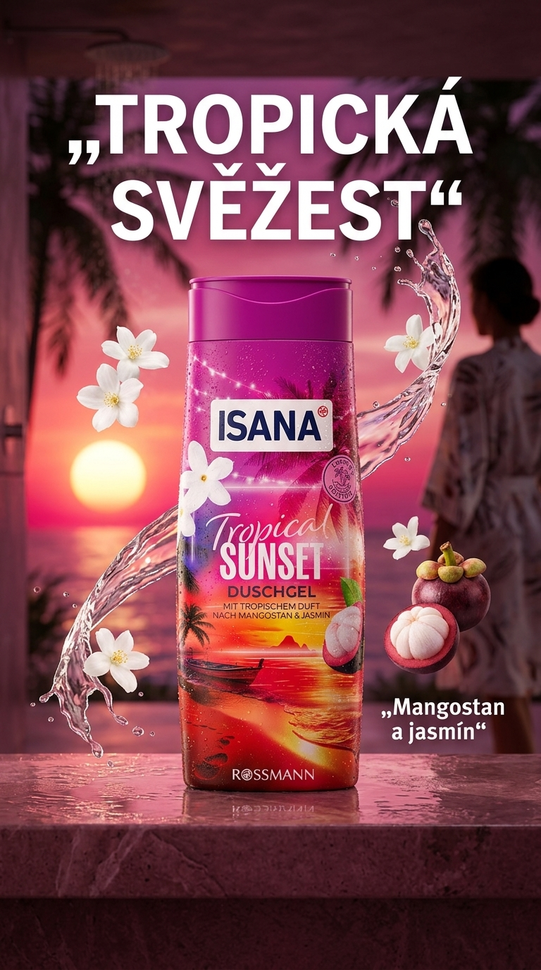 Isana Tropical Sunset sprchový gel - tropický lifestyle poster