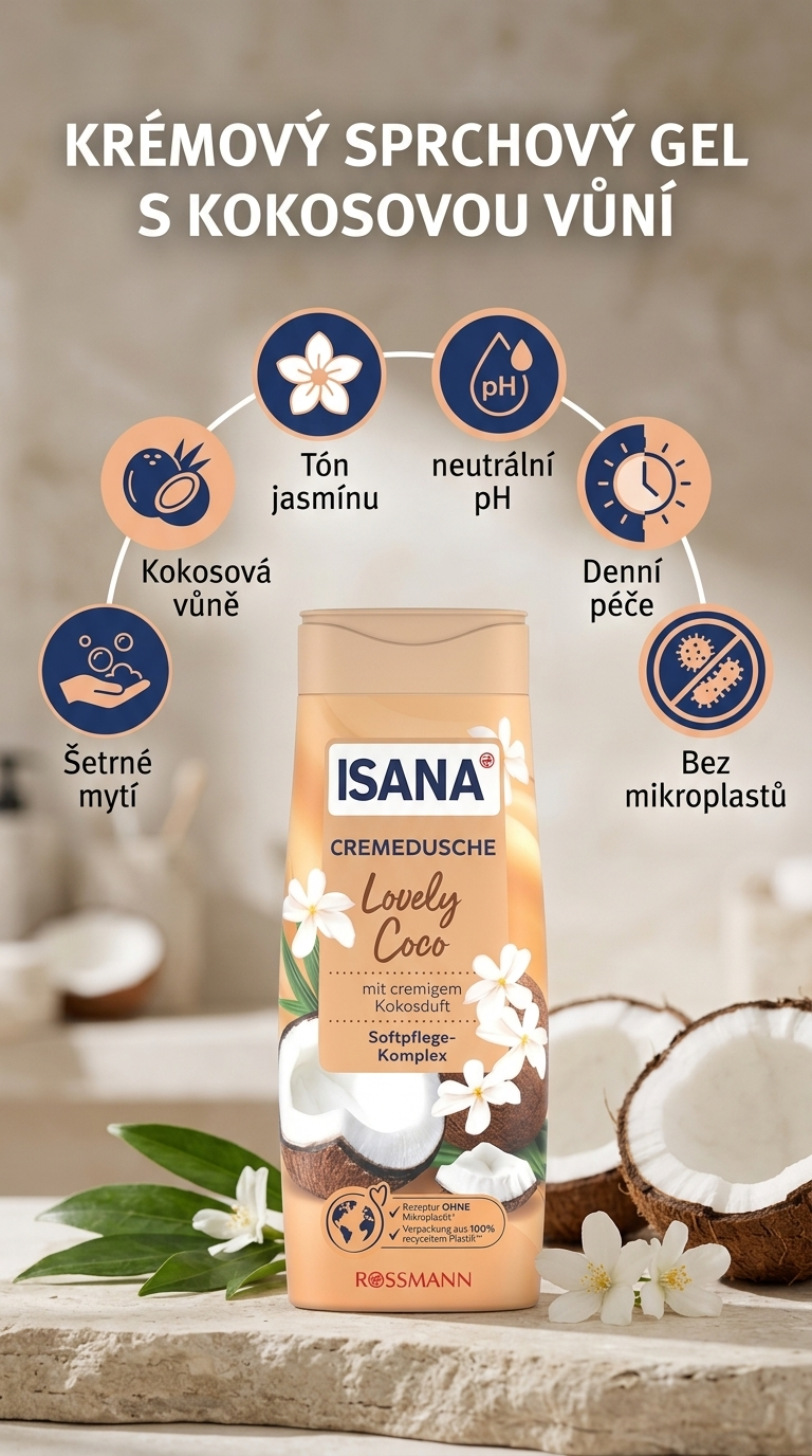 Isana Lovely Coco krémový sprchový gel - mobilní infografika