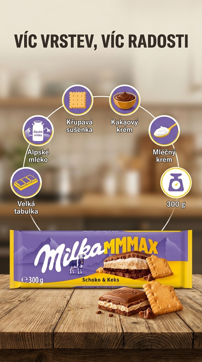 Milka MMMAX mléčná čokoláda se sušenkou a dvojitou krémovou náplní 300 g - mobilní infografika