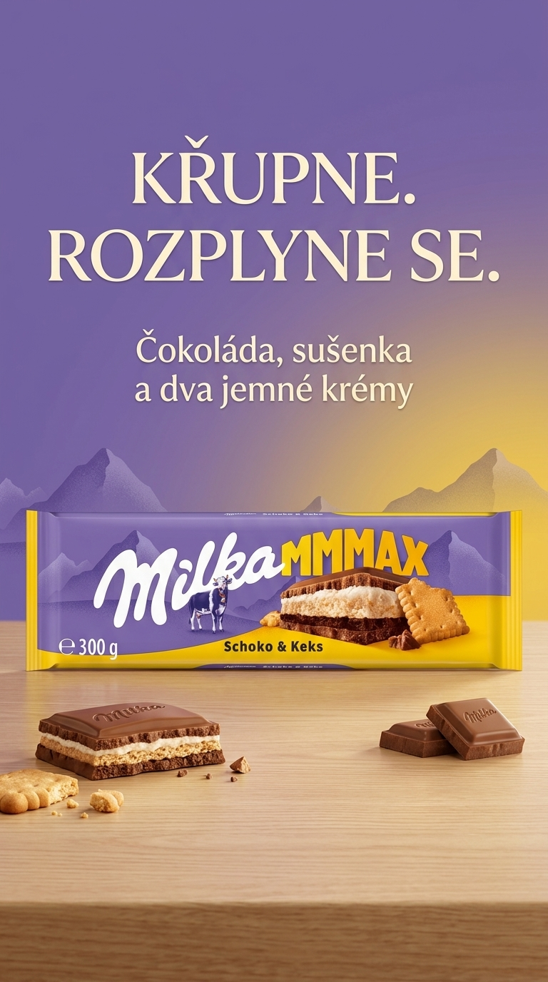 Milka MMMAX mléčná čokoláda se sušenkou a dvojitou krémovou náplní 300 g - lifestyle poster