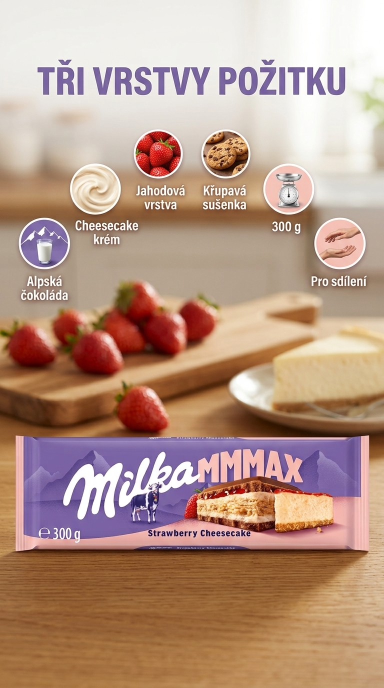 Milka MMMAX mléčná čokoláda s jahodovým cheesecakem a sušenkou 300 g - mobilní infografika