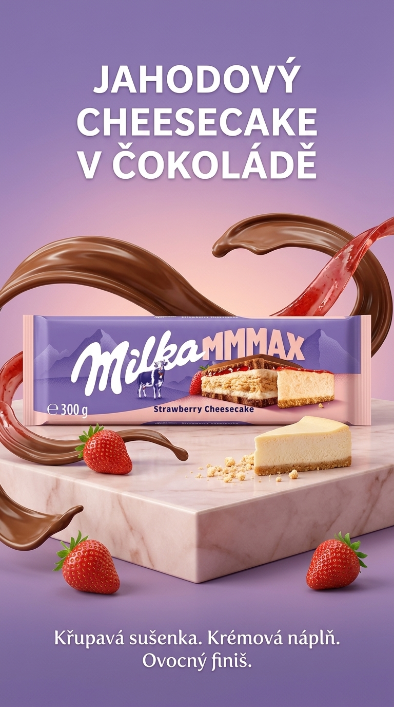 Milka MMMAX mléčná čokoláda s jahodovým cheesecakem a sušenkou 300 g - jahodový lifestyle poster