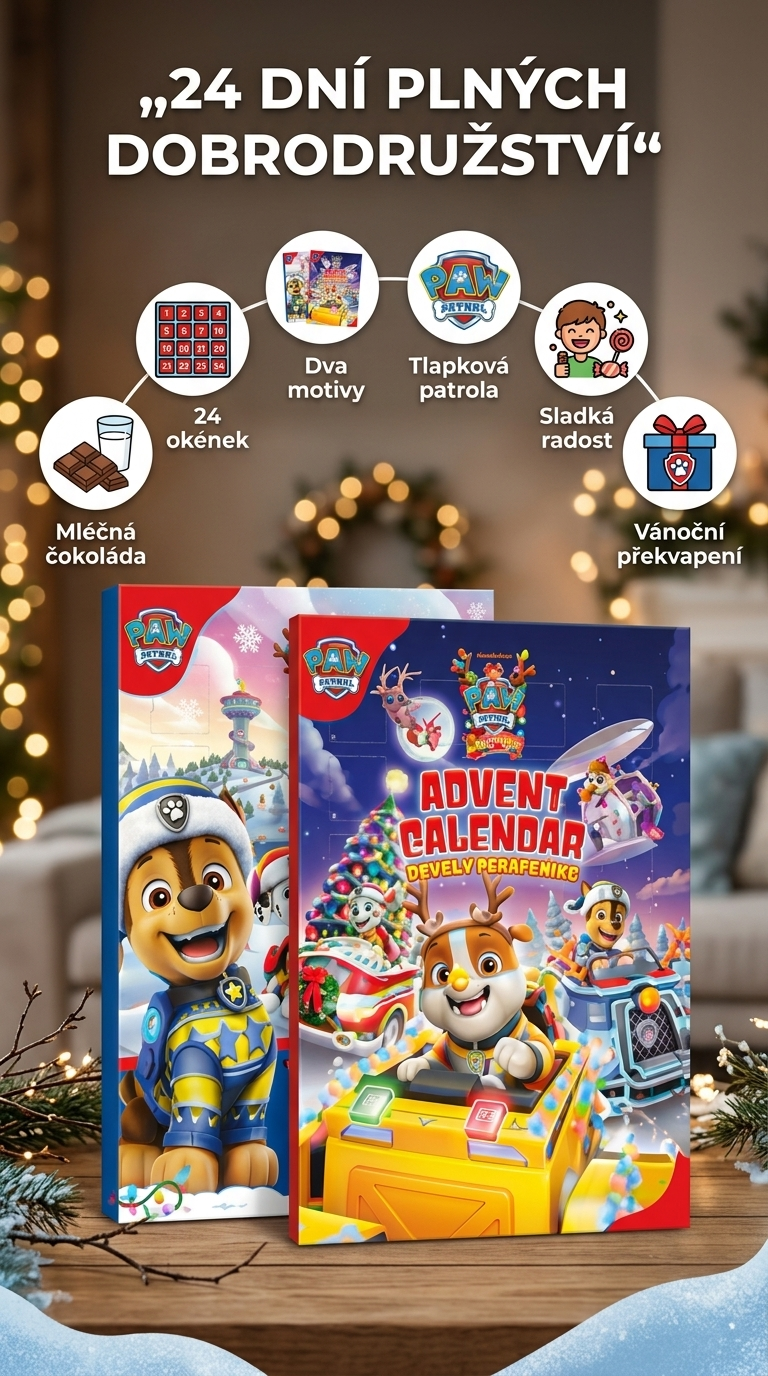 Paw Patrol adventní kalendář s mléčnou čokoládou 50 g – mobilní vánoční infografika